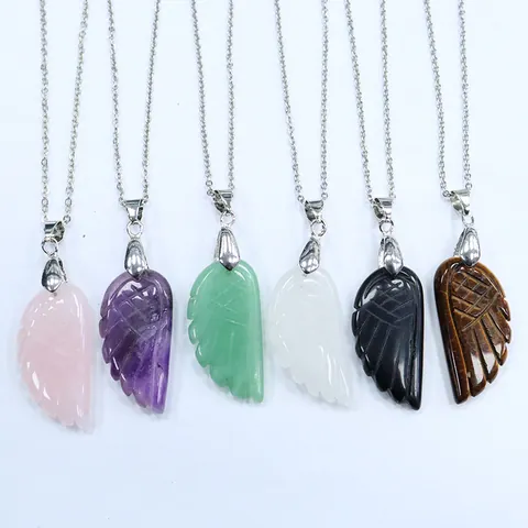 Natural Stone Angel Wing Pendant Carved Rose Quartz Amethyst Agate Crystal Wing Charm Pendant Only Without Chain For Jewelry Making Women
