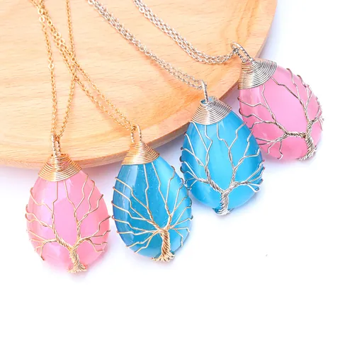 Tree of Life Waterdrop Crystal Cat Eye Stone Wire Wrapped Pendant Only Handmade Bohemian Jewelry For Women Gift
