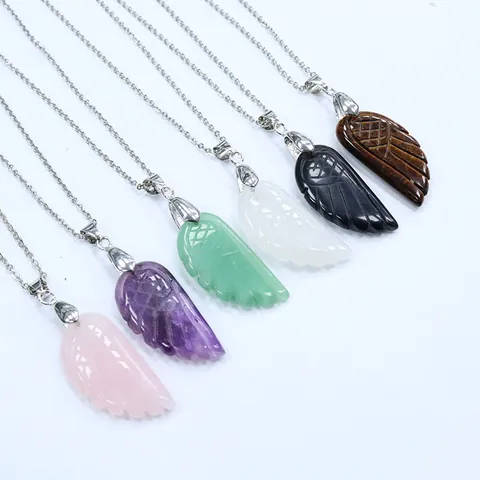 Natural Stone Angel Wing Pendant Carved Rose Quartz Amethyst Agate Crystal Wing Charm Pendant Only Without Chain For Jewelry Making Women