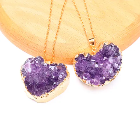 Natuurlijke Amethist Druzy Hartvorm Hanger Alleen Zonder Ketting Vergulde Rand Ruwe Steen Kristal Sieraden Voor Vrouwen