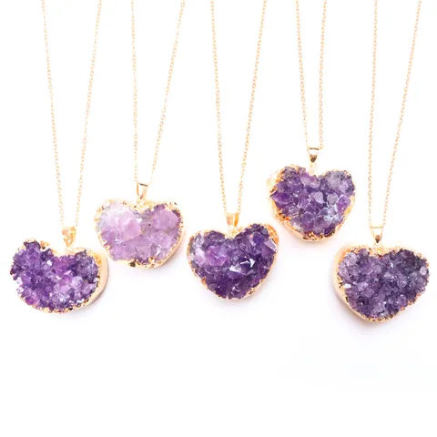Natuurlijke Amethist Druzy Hartvorm Hanger Alleen Zonder Ketting Vergulde Rand Ruwe Steen Kristal Sieraden Voor Vrouwen