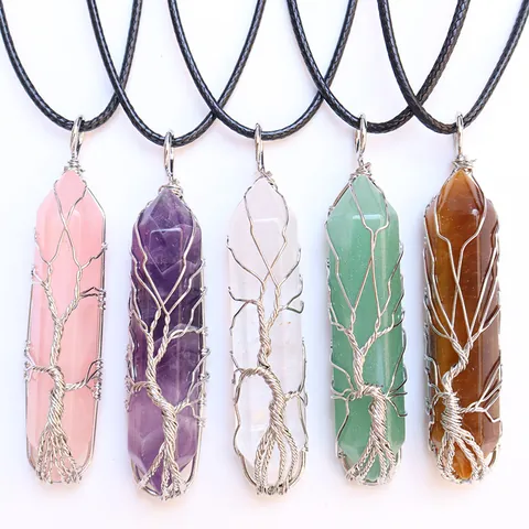 Naturstein Lebensbaum Drahtumwickelt Sechseckige Säule Anhänger Nur Ohne Kette Rosenquarz Amethyst Heilung Schmuck Damen