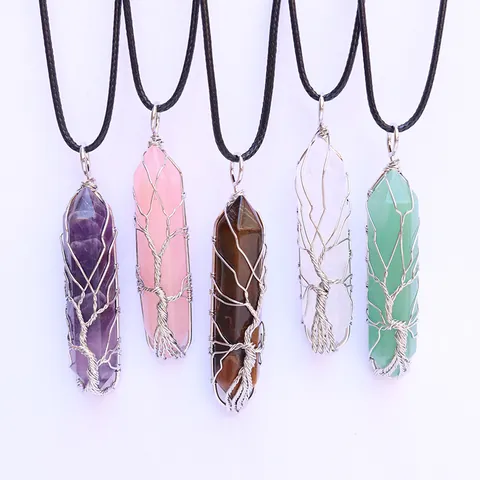 Naturstein Lebensbaum Drahtumwickelt Sechseckige Säule Anhänger Nur Ohne Kette Rosenquarz Amethyst Heilung Schmuck Damen