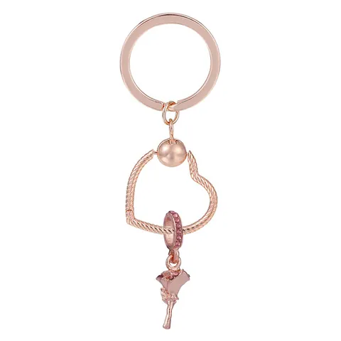 Porte-clés Cœur Fleur de Rose Or Rose Alliage Zircone Pendentif Cœur pour Femmes Charme de Sac Romantique Bijoux Cadeau