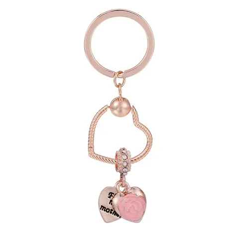Porte-clés Cœur Fleur de Rose Or Rose Alliage Zircone Pendentif Cœur pour Femmes Charme de Sac Romantique Bijoux Cadeau