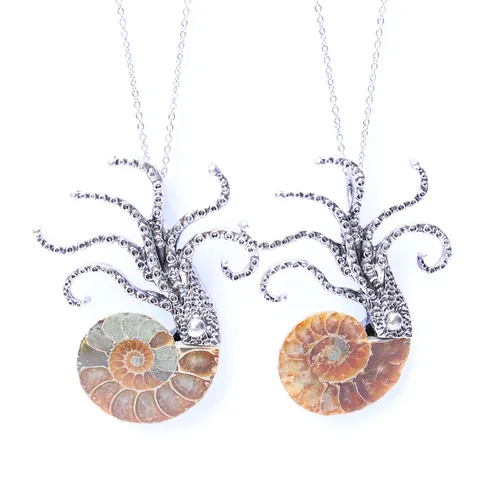 Vintage Silver Alloy Octopus Natural Ammonite Fossil Pendant Only Without Chain Ocean Spiral Conch Brooch For Women Men