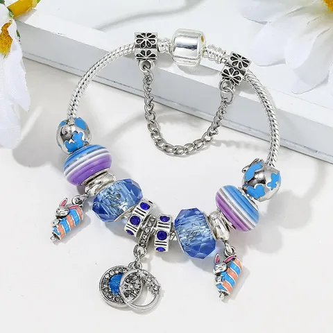 Pulsera de Abalorios de Conejo de Dibujos Animados DIY para Mujer Cadena de Serpiente Plateada con Cuentas Azul Púrpura Joyería