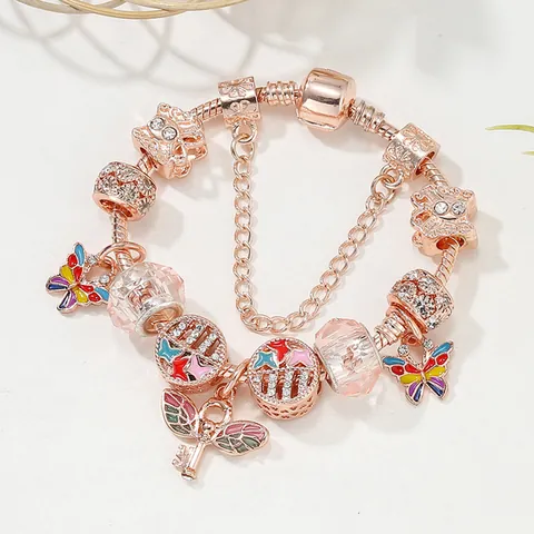 Roségold Vergoldetes Legierung DIY Perlen Charm Armband Bunter Schmetterling Flügel Schlüssel Anhänger Glasperlen Schlangenkette Damen Schmuck