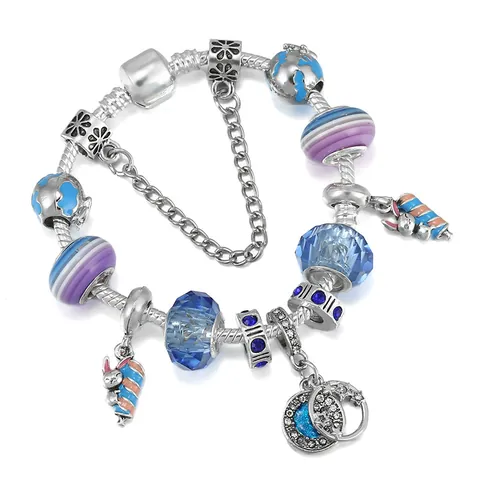Pulsera de Abalorios de Conejo de Dibujos Animados DIY para Mujer Cadena de Serpiente Plateada con Cuentas Azul Púrpura Joyería