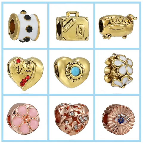 Perles Charm en Alliage Plaqué Or DIY pour la Fabrication de Bracelets Colliers Design Cœur Avion Bagage Mauvais Œil Fleur Mom Émail Strass Incrusté Accessoires de Bijoux de Mode