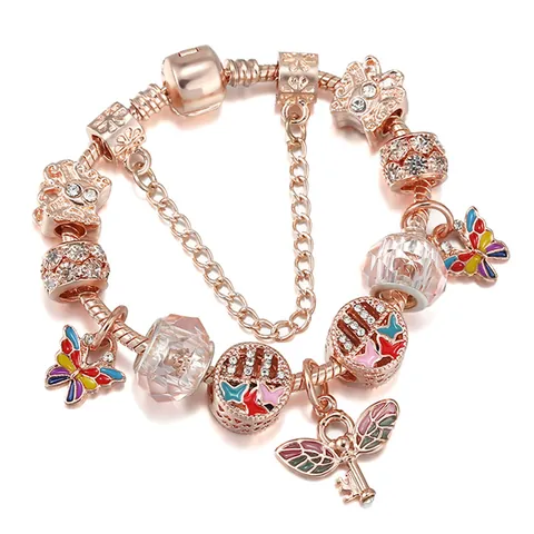 Roségold Vergoldetes Legierung DIY Perlen Charm Armband Bunter Schmetterling Flügel Schlüssel Anhänger Glasperlen Schlangenkette Damen Schmuck