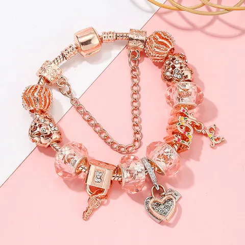 Roségold Herz Schlüssel Charm Armband Schlangenkette Rosa Kristallperlen Liebe Schloss Anhänger Eleganter Schmuck Für Damen Geschenk
