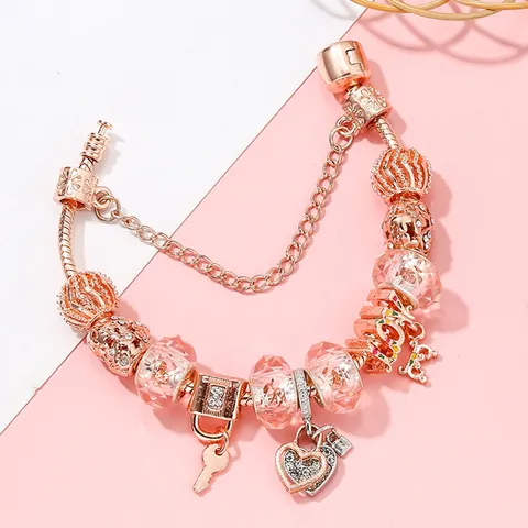 Roségold Herz Schlüssel Charm Armband Schlangenkette Rosa Kristallperlen Liebe Schloss Anhänger Eleganter Schmuck Für Damen Geschenk