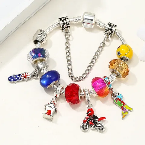Silver Plated Alloy Snake Chain Charm Bracelet With Motorcycle Skateboard Post Box Heart Charms Colorful Glass Beads Women Jewelry