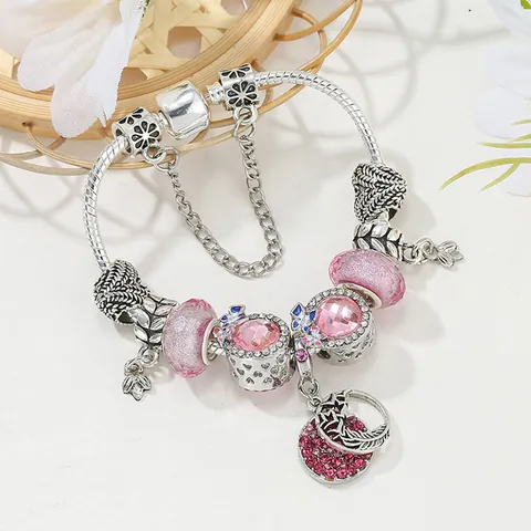 Braccialetto Charm DIY in Lega Argentata per Donna Perline di Cristallo Rosa Rosso Catena a Serpente Cuore Farfalla Piuma Gioielli