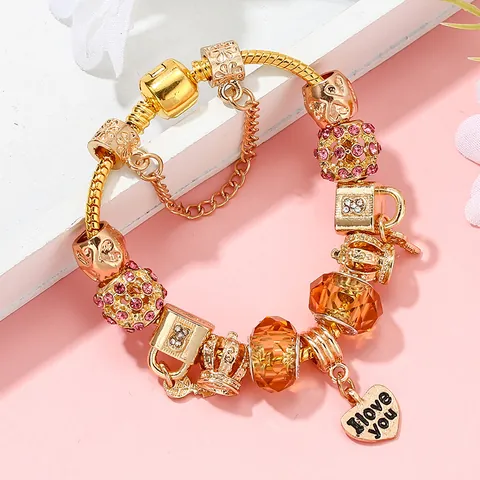 Damen Gold Vergoldet Legierung Charm Armband Mit Herz Anhänger Krone Schloss Schlüssel Perlen Strass Schlangenkette DIY Schmuck