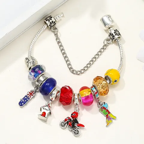 Silver Plated Alloy Snake Chain Charm Bracelet With Motorcycle Skateboard Post Box Heart Charms Colorful Glass Beads Women Jewelry