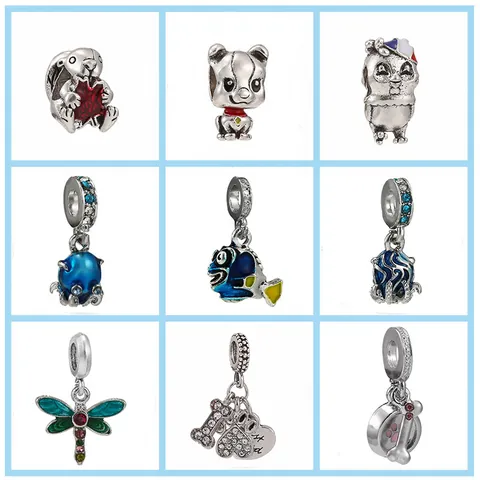 Breloques en Alliage Plaqué Argent Animaux de Dessin Animé Émail Zircone Chien Lapin Poisson Libellule DIY Bracelet Collier Pendentifs