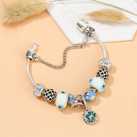 Women DIY Charm Bracelet Silver Plated Alloy Blue Camellia Deer Earth Evil Eye Heart Beads Snake Chain Jewelry Gift