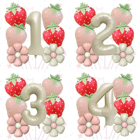 Strawberry Theme Aluminum Film Balloon Set Cartoon Daisy Number Balloon For Kids Birthday Party Celebration Decorations