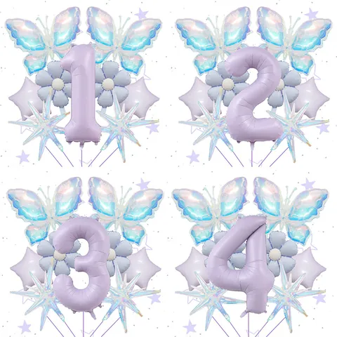 Ensemble de Ballons Papillon Marguerite Iridescent Chiffre Violet Ballon en Aluminium Kit Guirlande pour Décoration de Fête d'Anniversaire Enfant