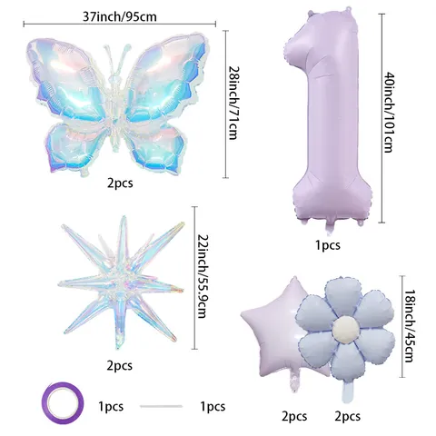 Irisierendes Schmetterling Gänseblümchen Ballon Set Lila Nummer Aluminiumfolie Ballon Girlande Kit Für Kinder Geburtstag Party Dekoration