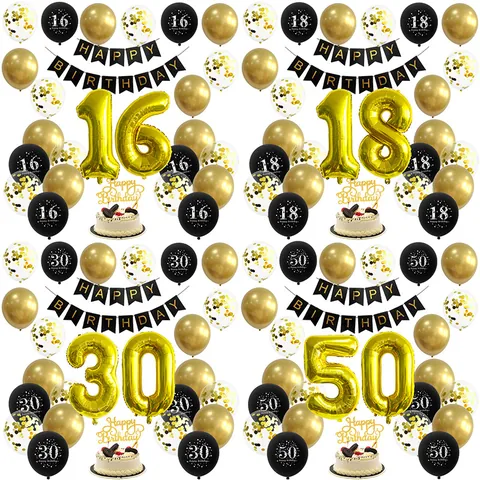 Black Gold Birthday Party Decoration Large Number Foil Balloons Happy Birthday Banner Cake Topper 16 18 30 50 Anniversary