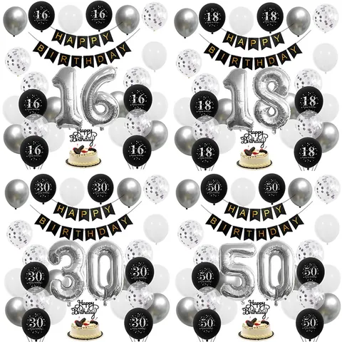 Schwarz Silber Geburtstag Party Dekoration Set Latex Aluminium Ballons Happy Birthday Banner Tortenaufsatz Partybedarf
