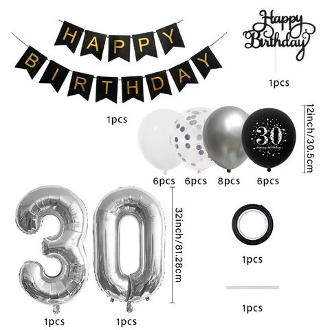Schwarz Silber Geburtstag Party Dekoration Set Latex Aluminium Ballons Happy Birthday Banner Tortenaufsatz Partybedarf