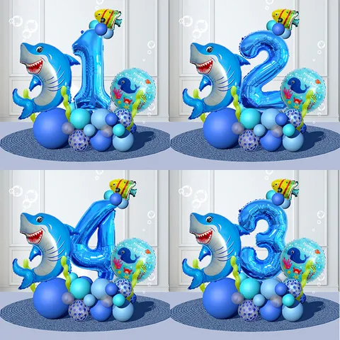 Ocean Animal World Balloon Column Set Shark Number Foil Balloons For Kids Birthday Party Scene Decoration Props