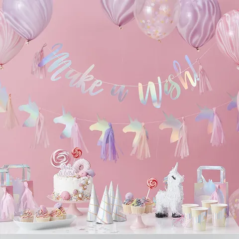 Guirlanda de Banderines de Unicornio de Papel Láser Holográfico con Borlas de Ensueño Make A Wish Banner Colgante para Decoración de Cumpleaños