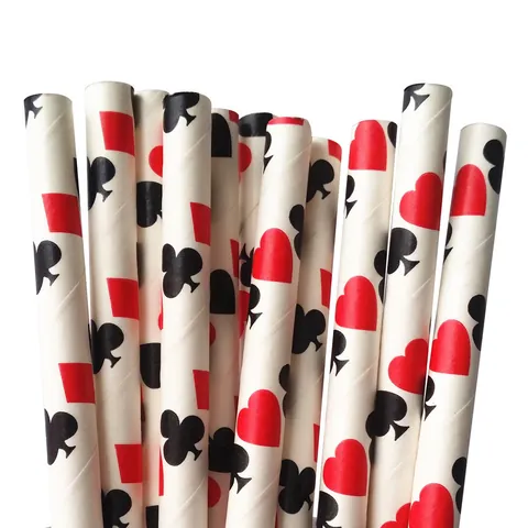 Poker Card Suits Printed Biodegradable Kraft Paper Straws For Casino Theme Party Wedding Banquet Disposable Drinking Straws