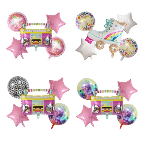 Globos de Papel de Aluminio Boombox Patines de Ruedas Bola de Discoteca Para Decoraciones de Fiesta de Cumpleaños Retro