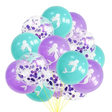 Mermaid Theme Party Decoration Balloon Set Latex Printed Mermaid Silhouette And Confetti Balloons For Birthday Celebration