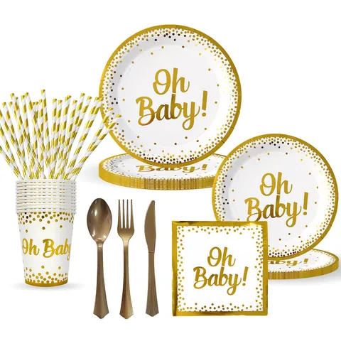 Stoviglie Usa e Getta con Pois in Lamina d'Oro Piatti di Carta Bicchieri Tovaglioli Posate di Plastica per Baby Shower
