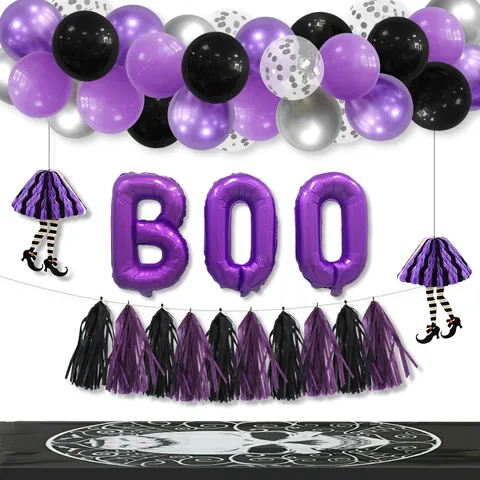 Αψίδα Μπαλονιών Halloween Μωβ Μαύρο BOO Φύλλο Αλουμινίου Φανάρι Νυχτερίδα Κοράκι Γιρλάντα Πόδια Μάγισσας Διακόσμηση Πάρτι