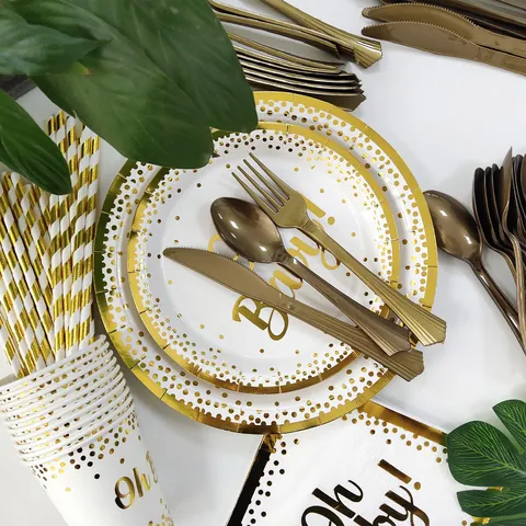 Stoviglie Usa e Getta con Pois in Lamina d'Oro Piatti di Carta Bicchieri Tovaglioli Posate di Plastica per Baby Shower
