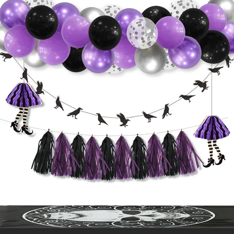 Αψίδα Μπαλονιών Halloween Μωβ Μαύρο BOO Φύλλο Αλουμινίου Φανάρι Νυχτερίδα Κοράκι Γιρλάντα Πόδια Μάγισσας Διακόσμηση Πάρτι