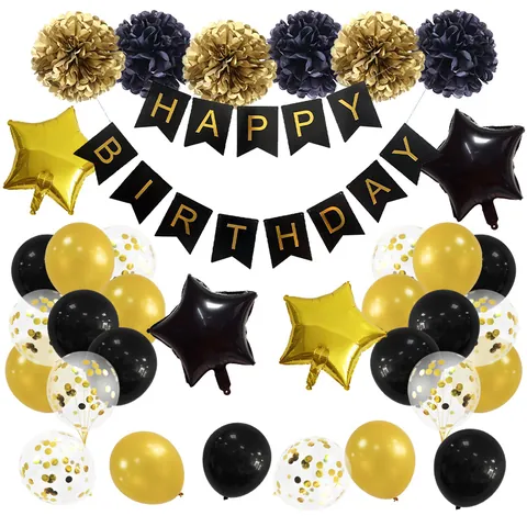 Black Gold Birthday Party Decoration Set Happy Birthday Banner Number Foil Balloons Latex Confetti Balloons Star Pom Poms