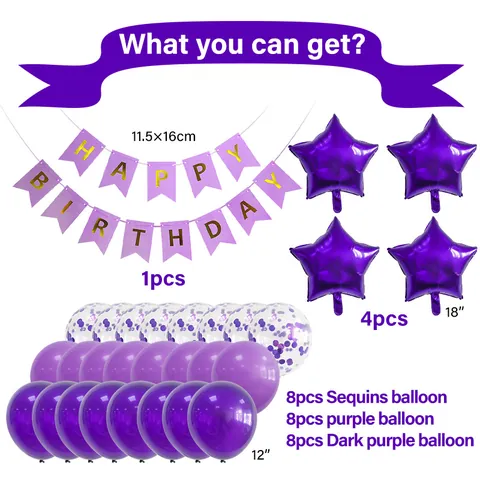 Purple Birthday Party Decoration Set Aluminum Foil Star Balloons Latex Confetti Balloons Banner For Festive Celebration