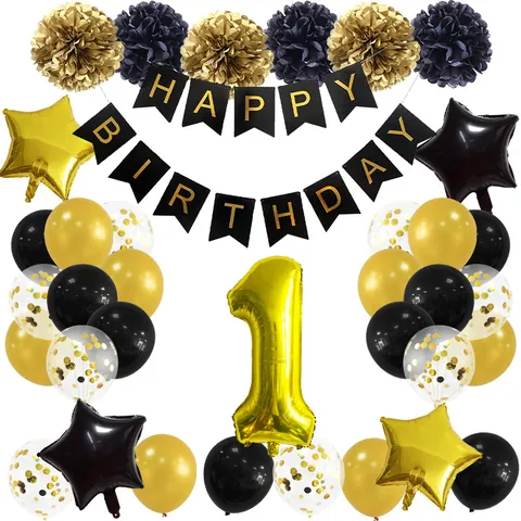 Black Gold Birthday Party Decoration Set Happy Birthday Banner Number Foil Balloons Latex Confetti Balloons Star Pom Poms