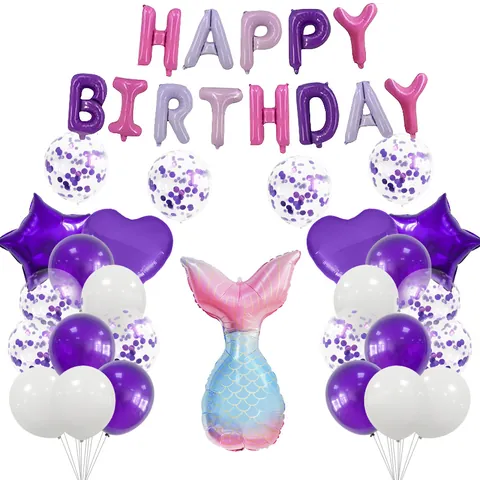 Juego de Decoración de Globos para Fiesta de Cumpleaños de Sirena Púrpura Globos de Látex Letras de Happy Birthday