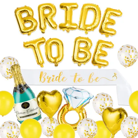Bride To Be Party Decoration Set Aluminum Foil Balloons Letters Champagne Ring Heart Balloons With Sash For Bachelorette Party Wedding
