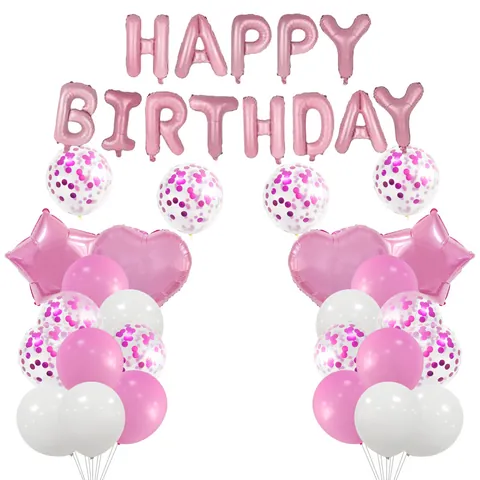 Pink White Birthday Party Balloon Kit Aluminum Foil Happy Birthday Letter Hearts Stars Latex Confetti Balloons Decor