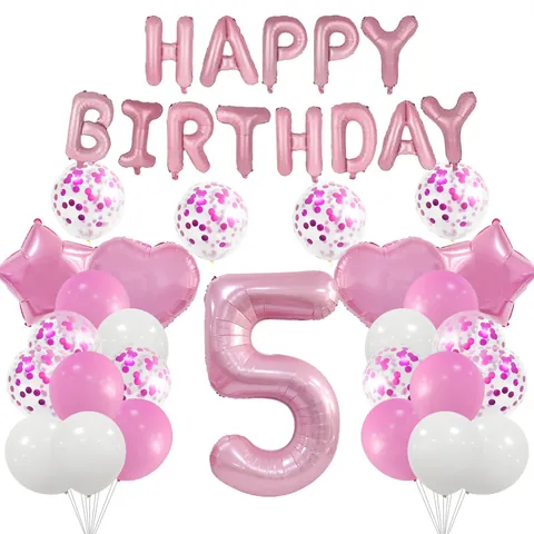 Pink White Birthday Party Balloon Kit Aluminum Foil Happy Birthday Letter Hearts Stars Latex Confetti Balloons Decor