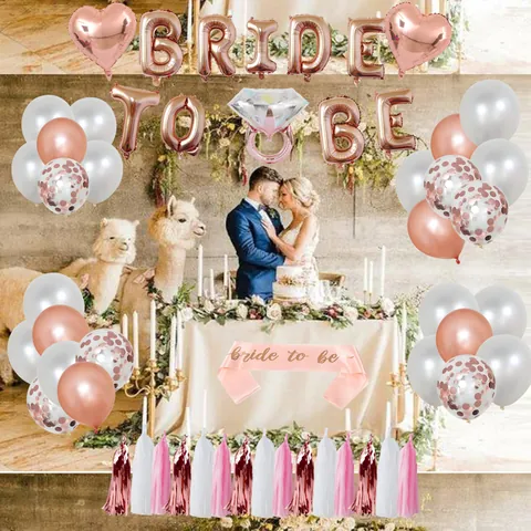 Rose Gold Bride To Be Balloon Decoration Diamond Ring Heart Foil Balloons Sash Veil Tassels Latex Confetti Balloons Wedding