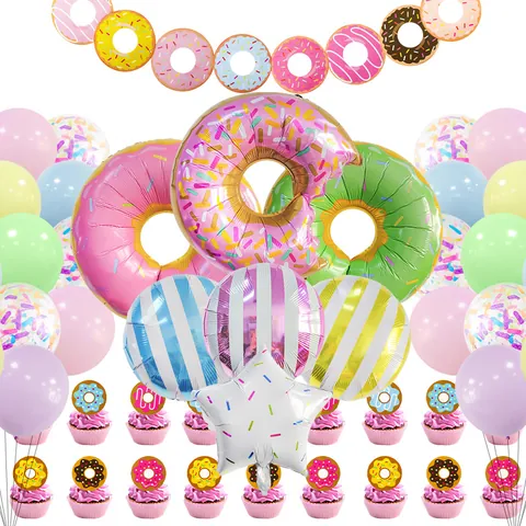 Set di Decorazioni per Feste di Compleanno a Tema Ciambella Palloncini in Alluminio Palloncini in Lattice Macaron Cake Topper Banner