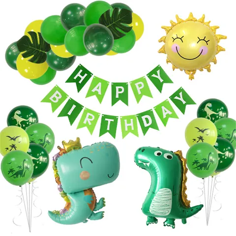 Dinosaurier Thema Geburtstag Party Dekoration Set Grüne Aluminiumfolie Ballon Set Mit Cartoon Dinosaurier Sonne Ballons Latex Ballons Monster Blatt Banner Für Kinder Geburtstag
