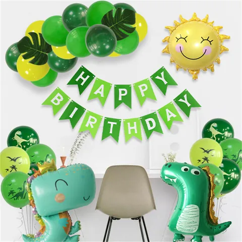 Dinosaurier Thema Geburtstag Party Dekoration Set Grüne Aluminiumfolie Ballon Set Mit Cartoon Dinosaurier Sonne Ballons Latex Ballons Monster Blatt Banner Für Kinder Geburtstag