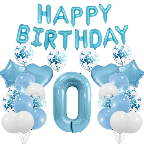 Blue White Birthday Party Decoration Set Aluminum Foil Happy Birthday Letter Balloon Heart Star Latex Confetti Balloons